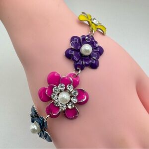 Colorful Enamel Flower Bracelet Silver Tone Crystal Rhinestone Pearl Statement
